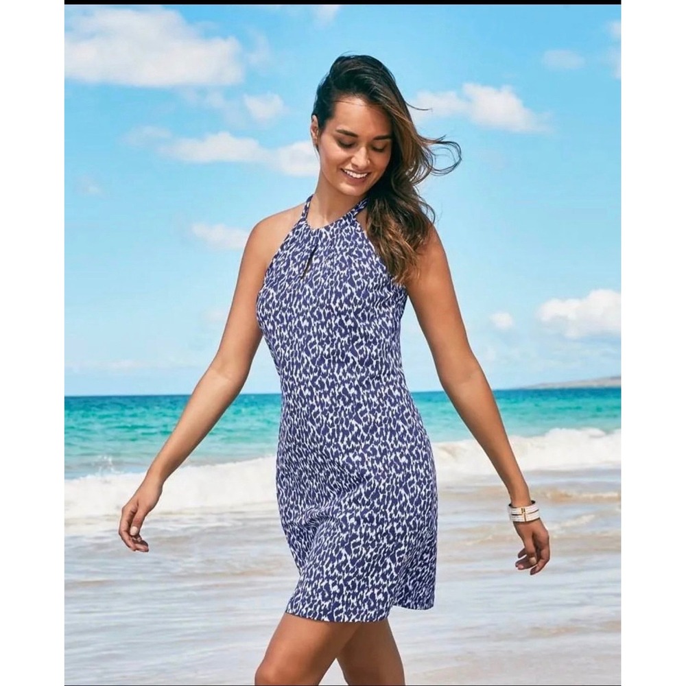 Tommy Bahama Aubrey Cheetah Halter Dress SPF 30 Built in Bra Blue and White L